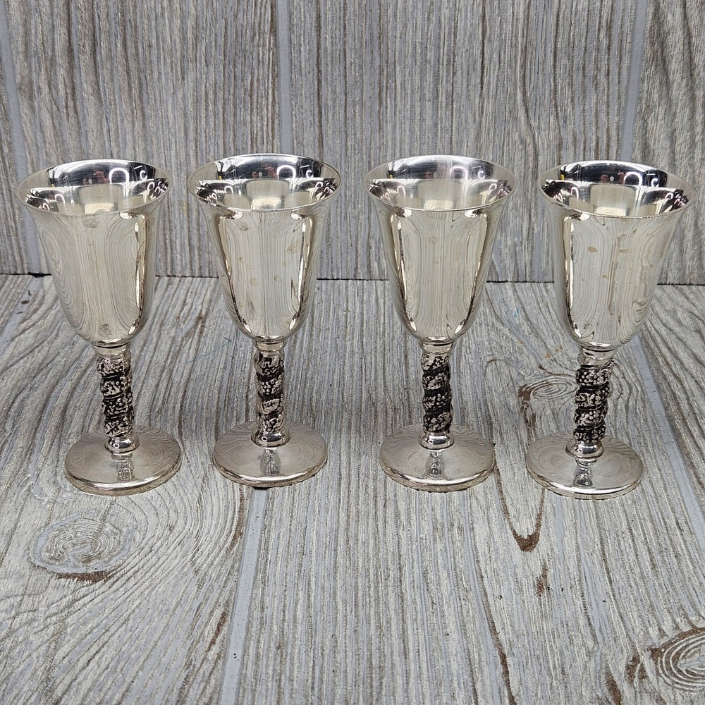 Roma SL Madrid Spain Silver Plated Cordial Goblets Set of 4 Grapevine Stem 3.5"
